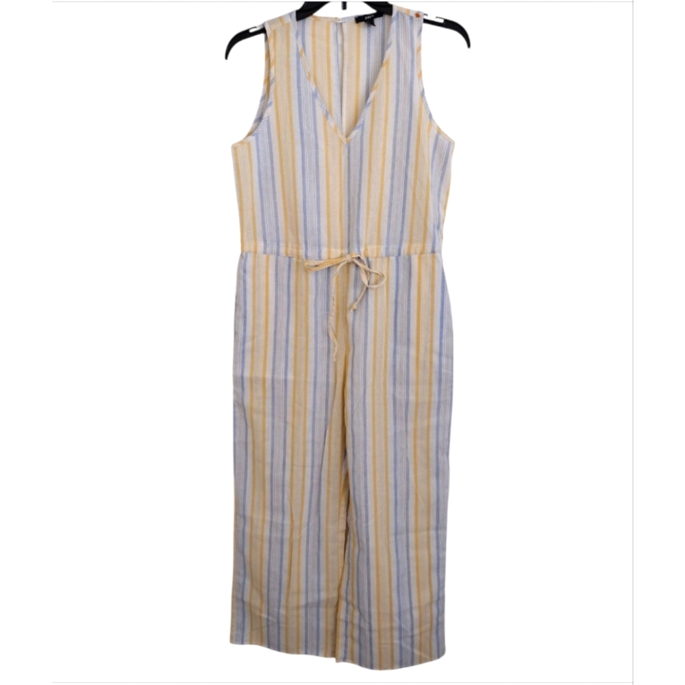 Drew Anthropologie Striped Sleeveless Yellow Blue Jumpsuit pockets size XS